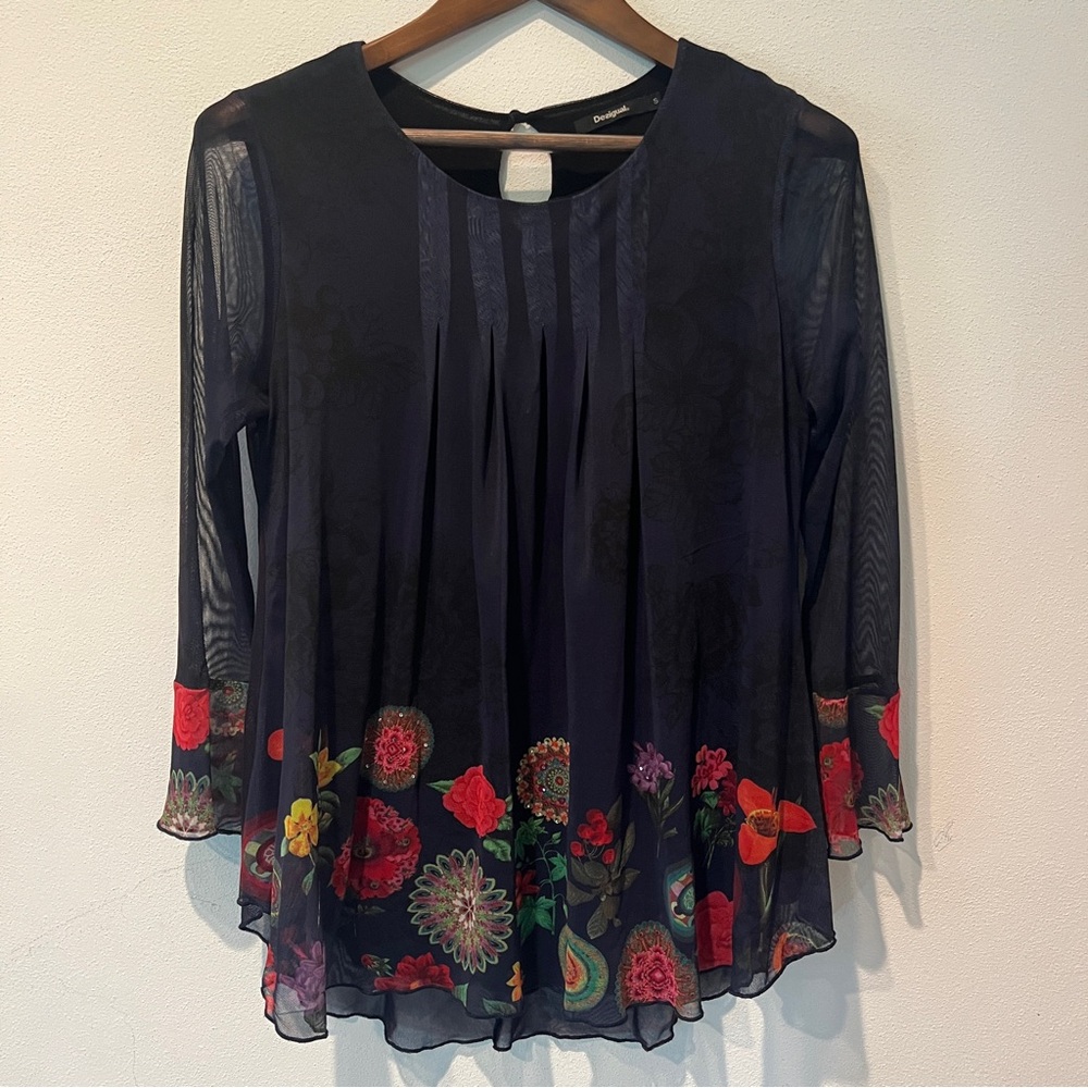Desigual O’Hara Sheer Sleeve Floral and Rhinestone Hem Lined Flowy Blouse - Picture 4 of 11